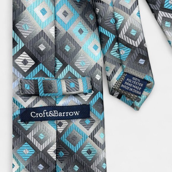 Croft & Barrow Tie Turquoise Silver Geometric Checker Formal Professional - Picture 4 of 6